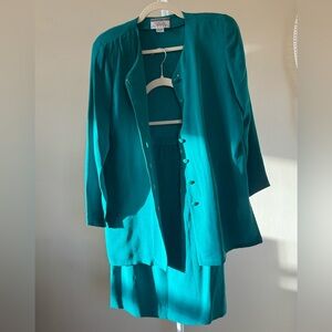 Vintage Talbots Teal Button-Down Shirt & Skirt Matching Set 100% Silk- Size 8